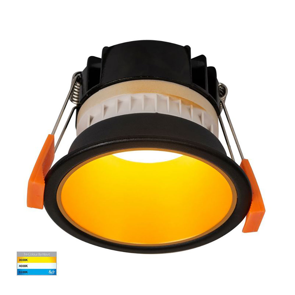 Buy Recessed LED Downlights Australia Round Recessed LED Downlight W82mm Black Polycarbonate Gold Insert 3 CCT - HV5529T-BG