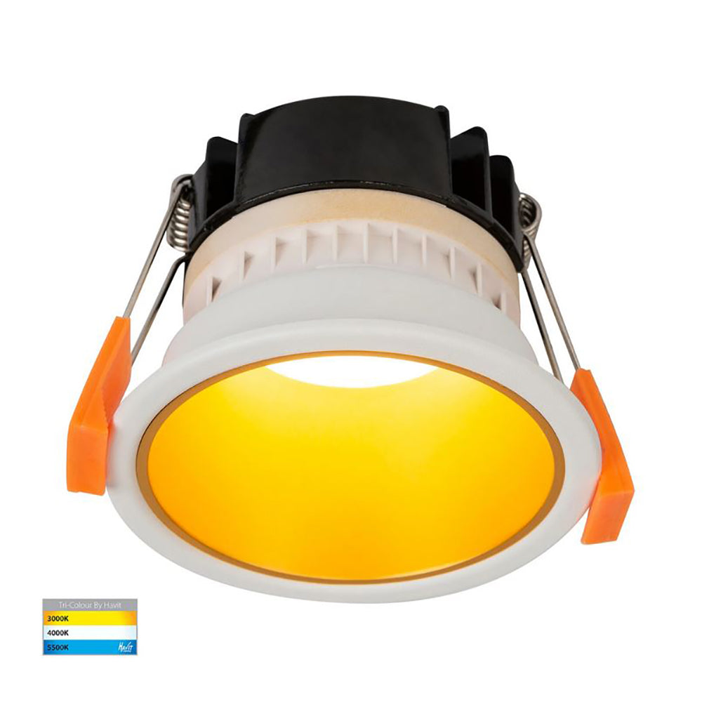 Buy Recessed LED Downlights Australia Round Recessed LED Downlight W82mm White Polycarbonate Gold Insert 3 CCT - HV5529T-WG