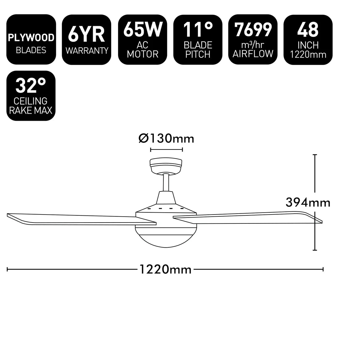 Tempo Plus AC Ceiling Fan 48" With Light Brushed Aluminium - 22273/13