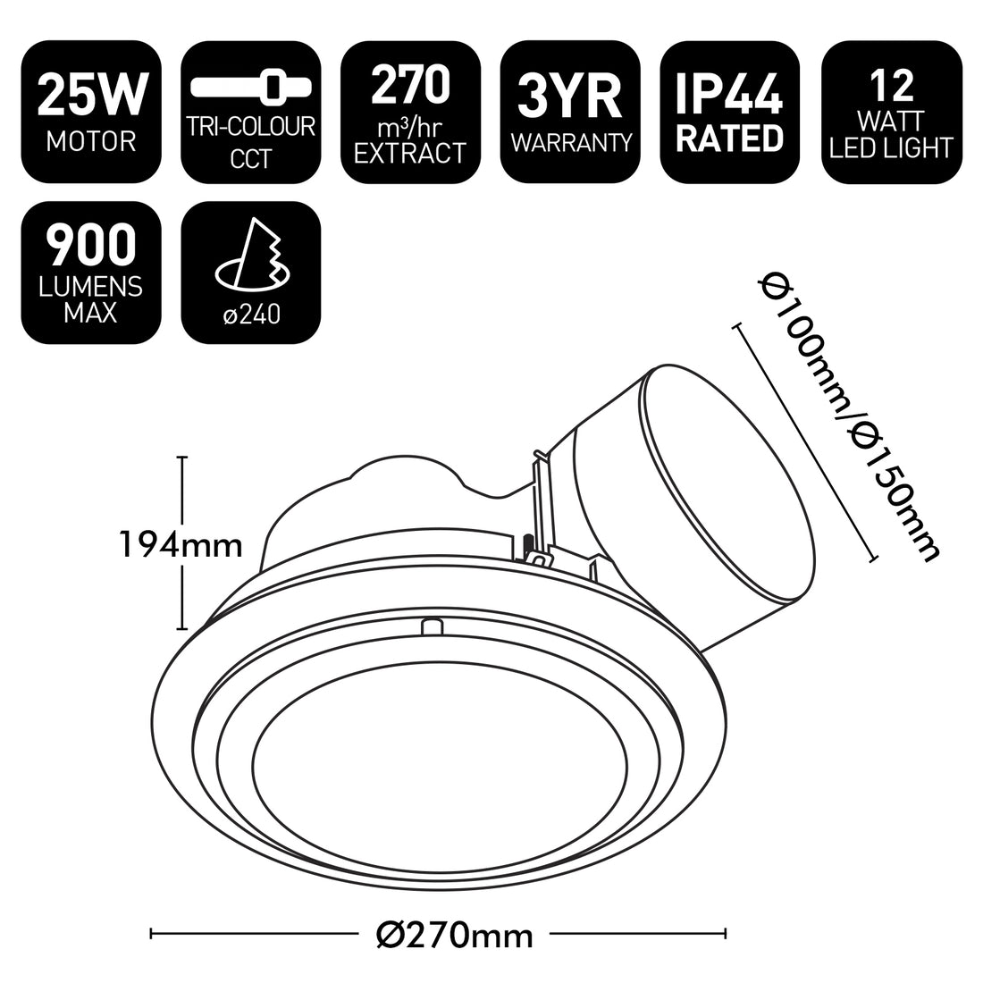 Talon 270mm LED Exhaust Fan 12W 3CCT White - 22373/05