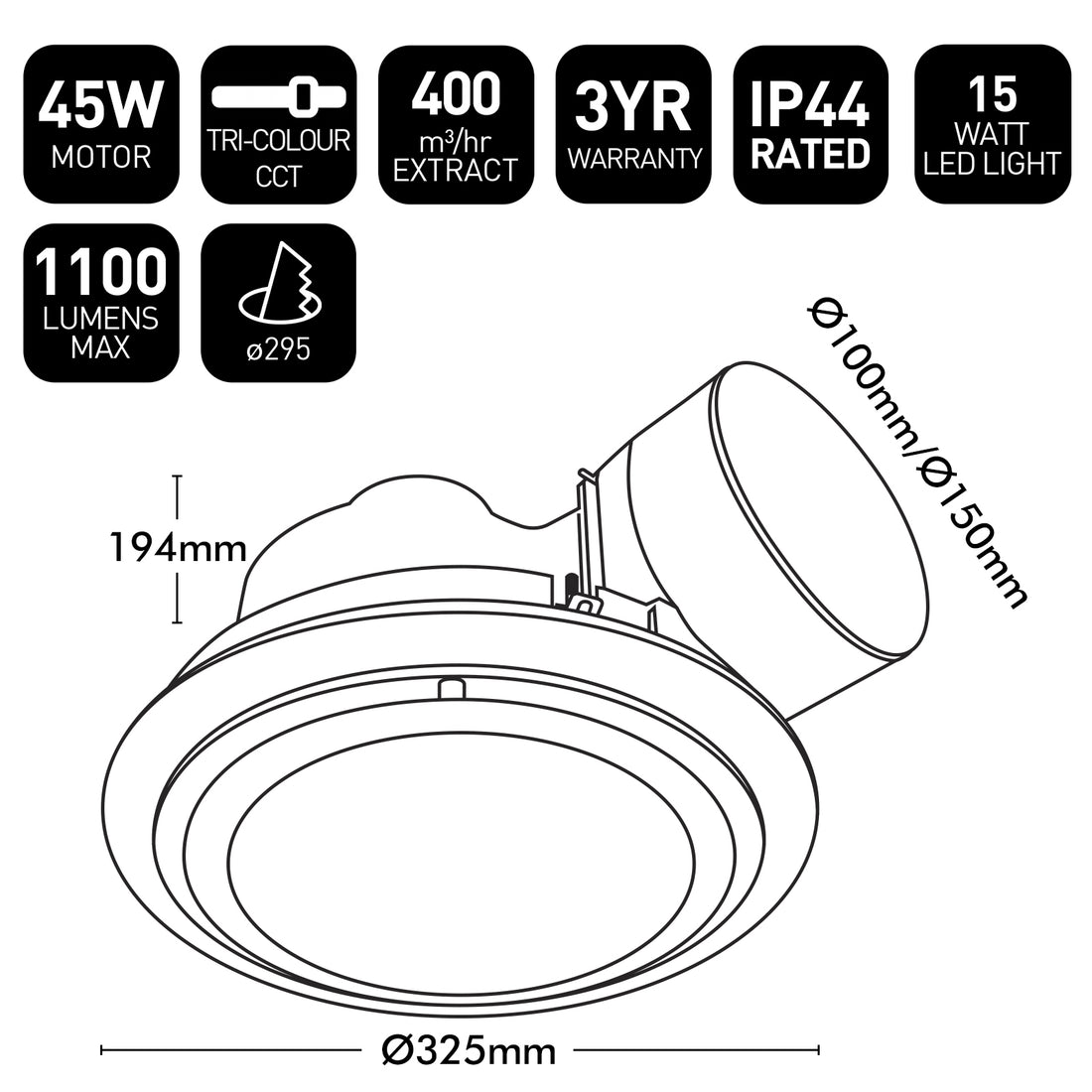 Talon 325mm LED Exhaust Fan 15W 3CCT White - 22374/05