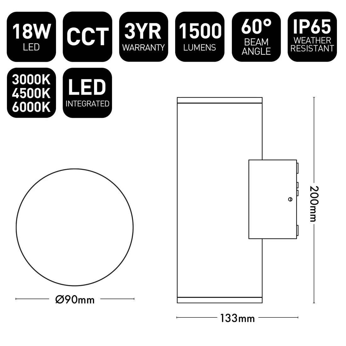 Anka Plus 90mm LED Up & Down Wall Light 18W 3CCT Black - 22555/06