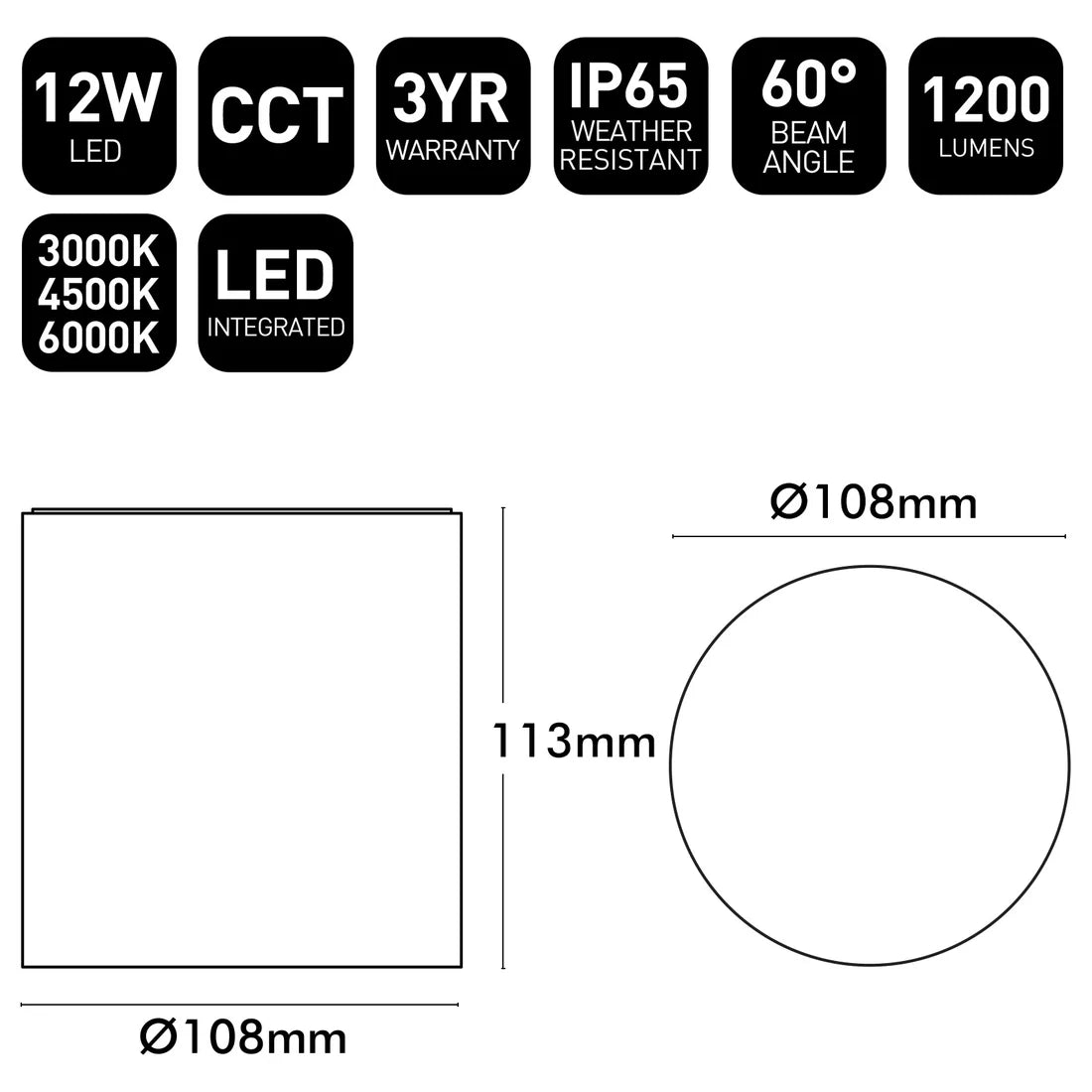 Anka Plus 108mm LED Surface Mounted Downlight 12W 3CCT Black - 22557/06