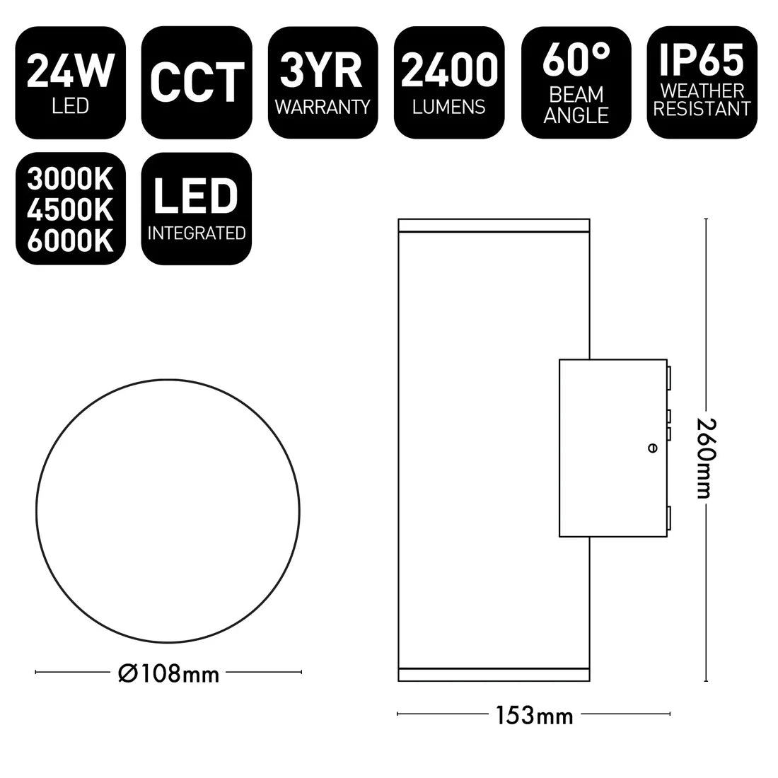 Anka Plus 108mm LED Up & Down Wall Light 24W 3CCT Black - 22561/06