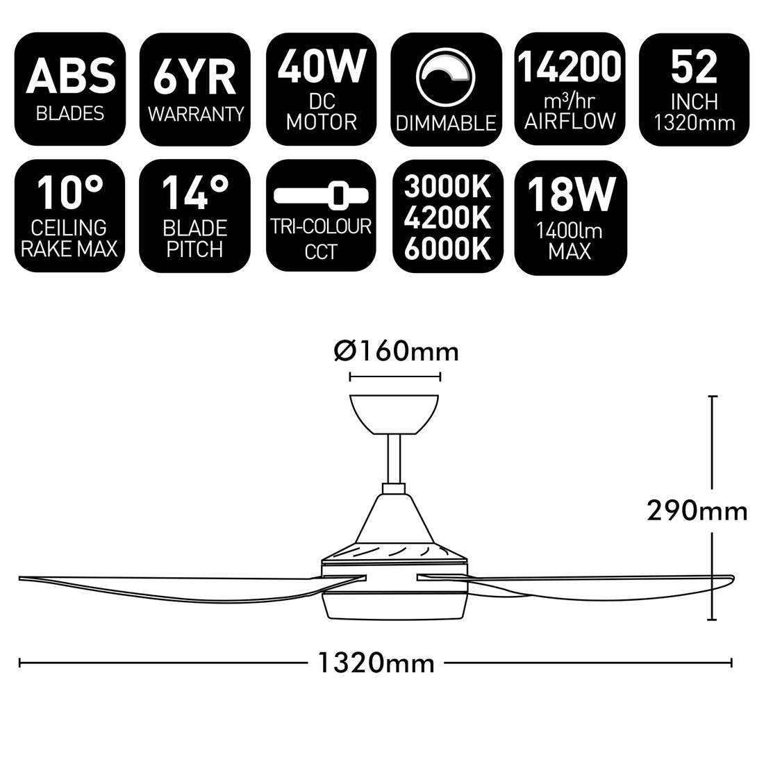 Vector DC Ceiling Fan 52" With LED Light 40W Tri Colour White - 22695/05