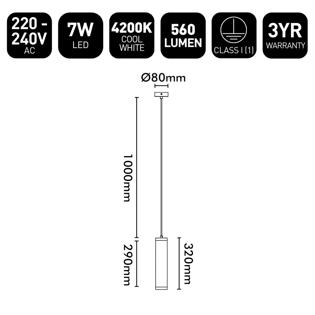 Luca LED Pendant Light 7W 4200K Black - 22747/06