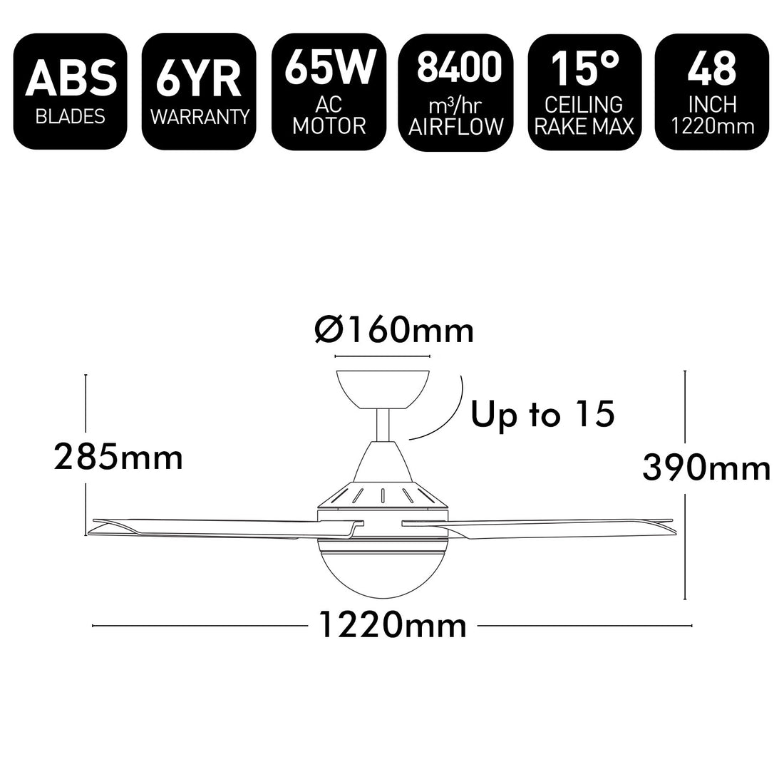 Cairns AC Ceiling Fan 48" With B22 Light White - 22878/05