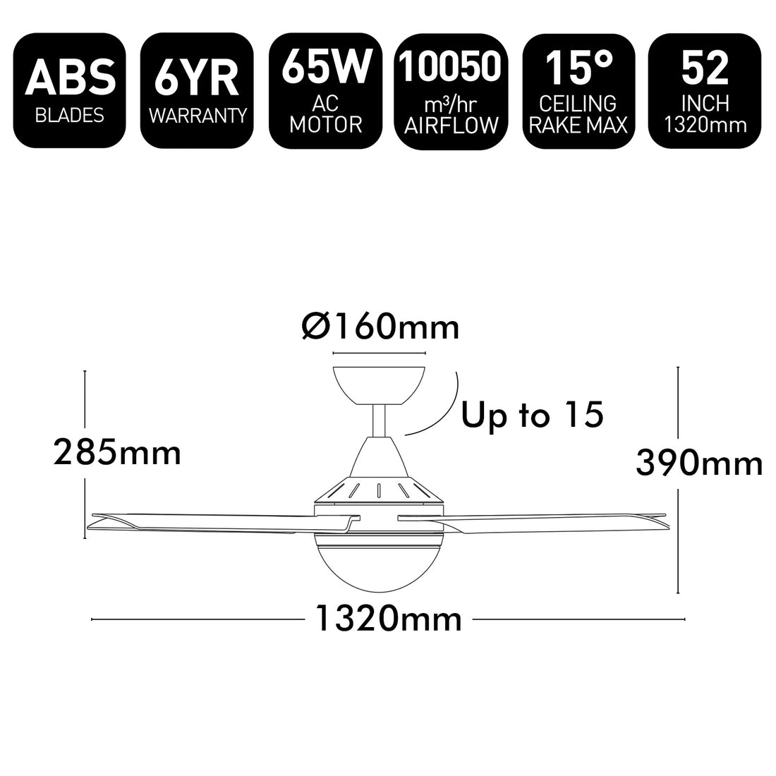 Cairns AC Ceiling Fan 52" With B22 Light Black - 22880/06