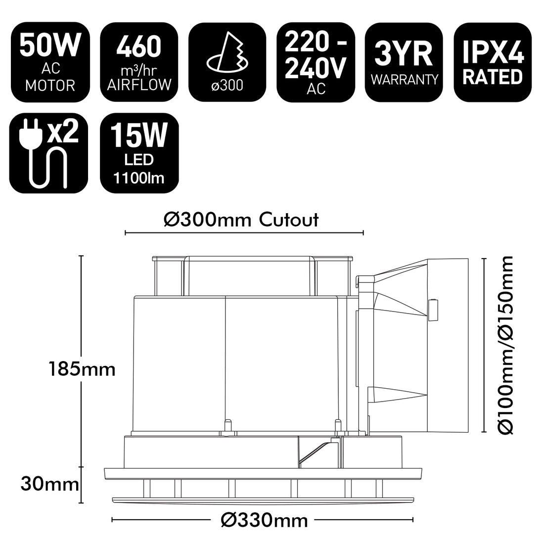 Talon Promax 330mm LED Exhaust Fan With Light 15W 3CCT White - 22891/05