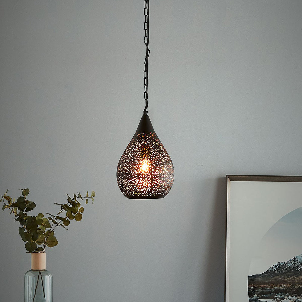 Buy Pendant Lights Australia Aquarius Small 1 Light Perforated Teardrop Pendant Black - ZAF10225BK
