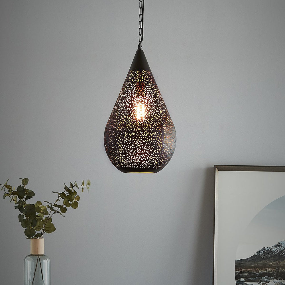 Buy Pendant Lights Australia Aquarius Medium 1 Light Perforated Teardrop Pendant Black - ZAF10226BK