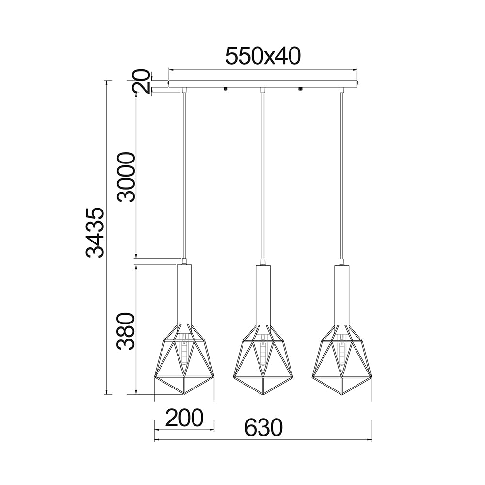 Blackband 3 Light Black Iron Cage Diamond Bar Pendant - BLACKBAND1X3