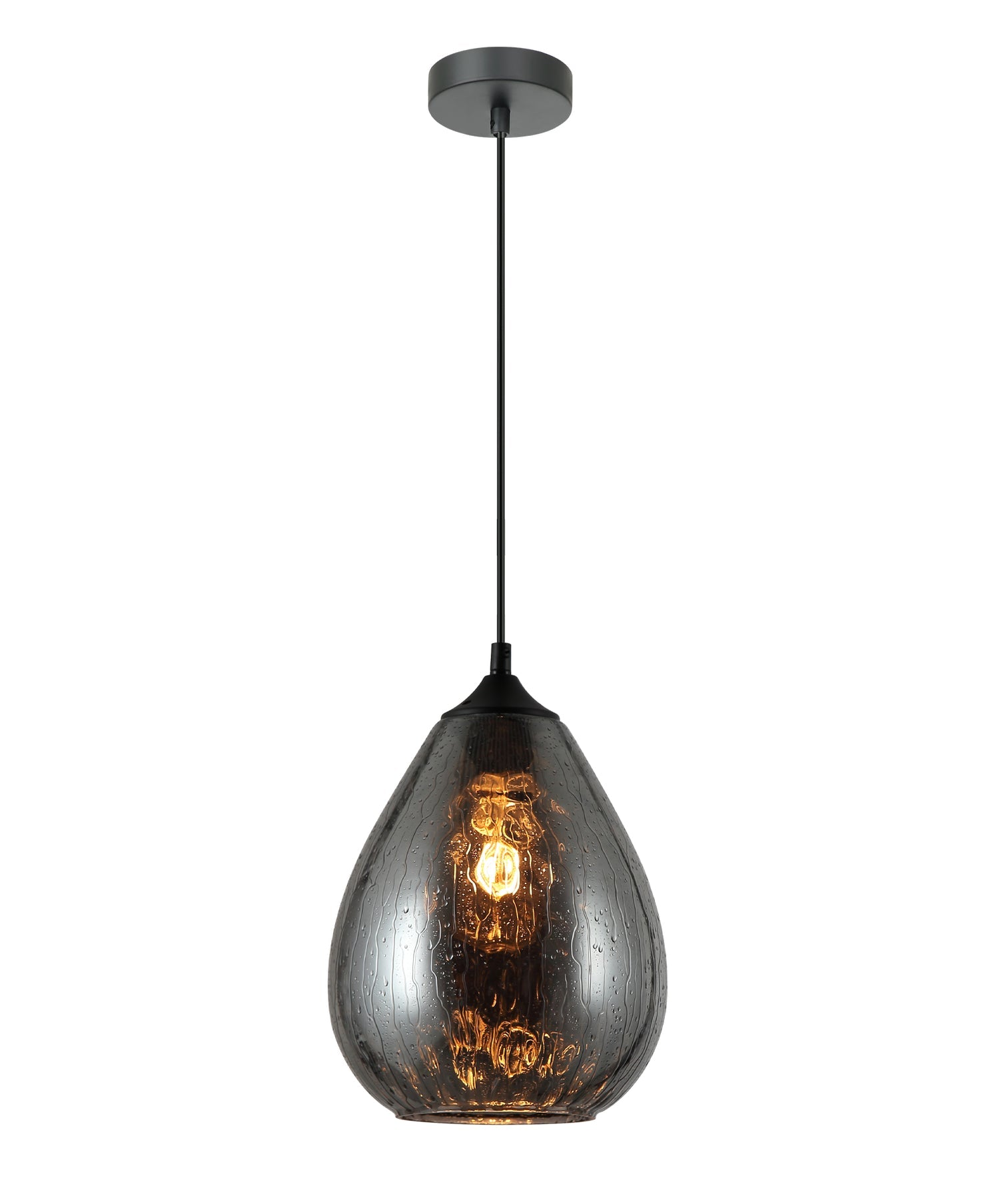 Chuva Mirror Finish Glass With Rain Drop Effect Oval Pendant Smokey Black - CHUVA4
