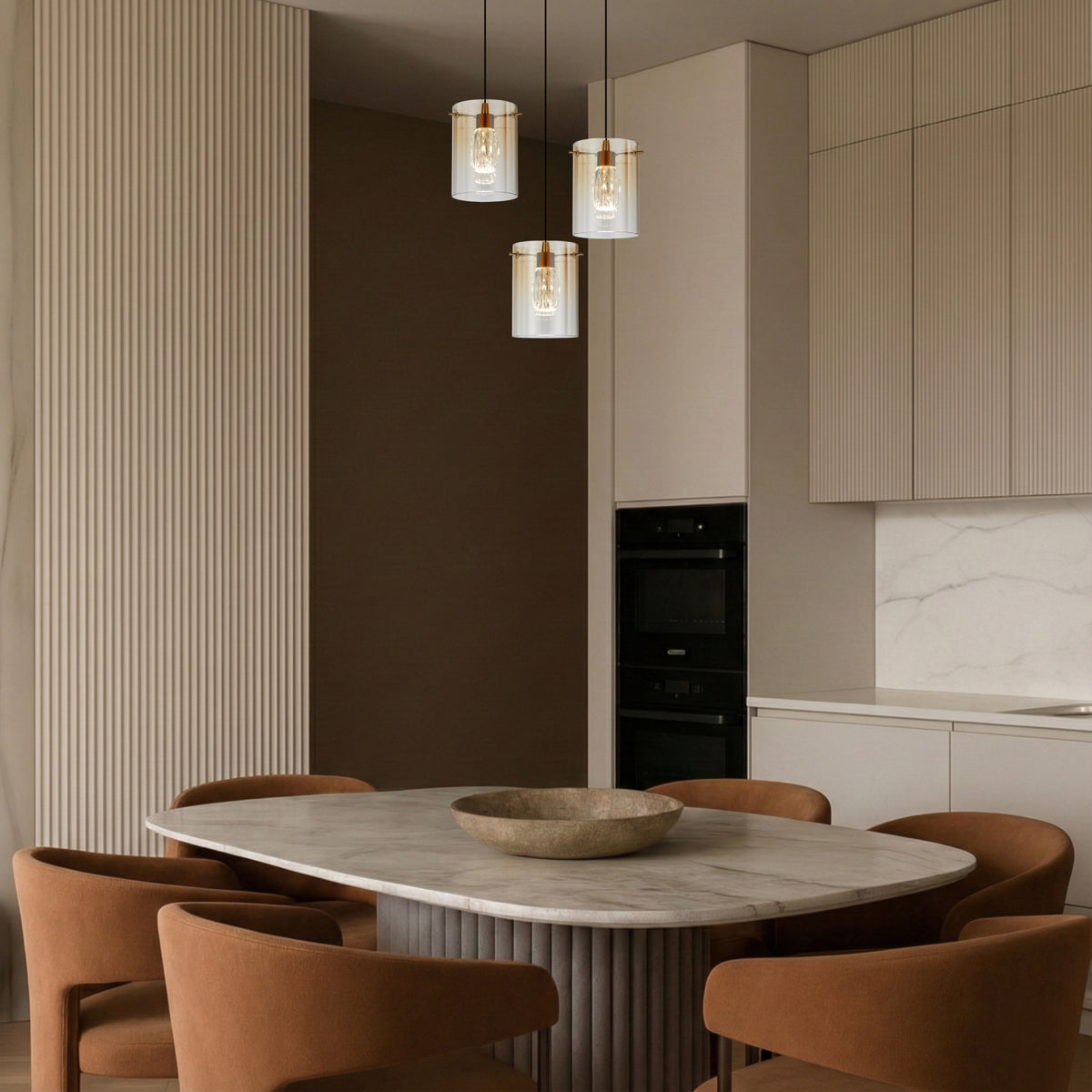 Crevil 3 Light LED Pendant 12W 4000K Antique Gold & Amber - CREVIL PE3-AGAM