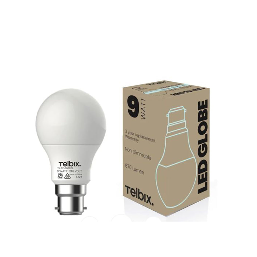 Buy LED Globes Australia A60 LED Globe BC 240V 9W White Polycarbonate 6000K - G A609B22OP860