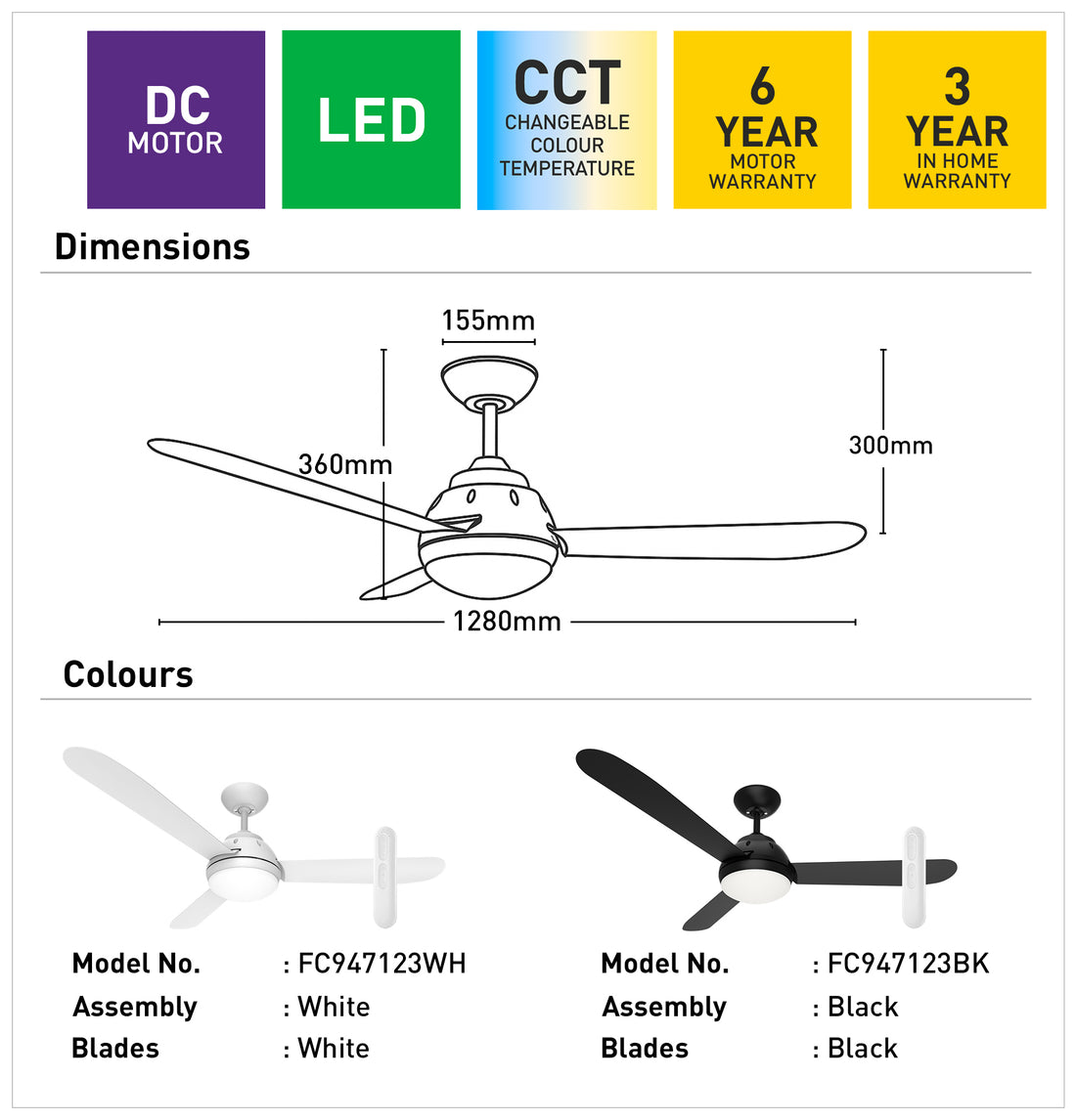 Brooke DC Ceiling Fan 50" With LED Light Black And Remote - FC947123BK