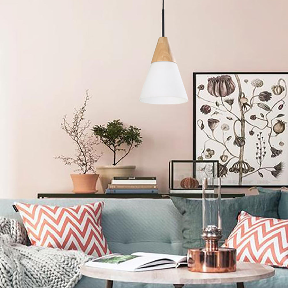 Buy Pendant Lights Australia Finn 1 Light Pendant Blonde Wood With Opal Glass Medium Cone - FINN3