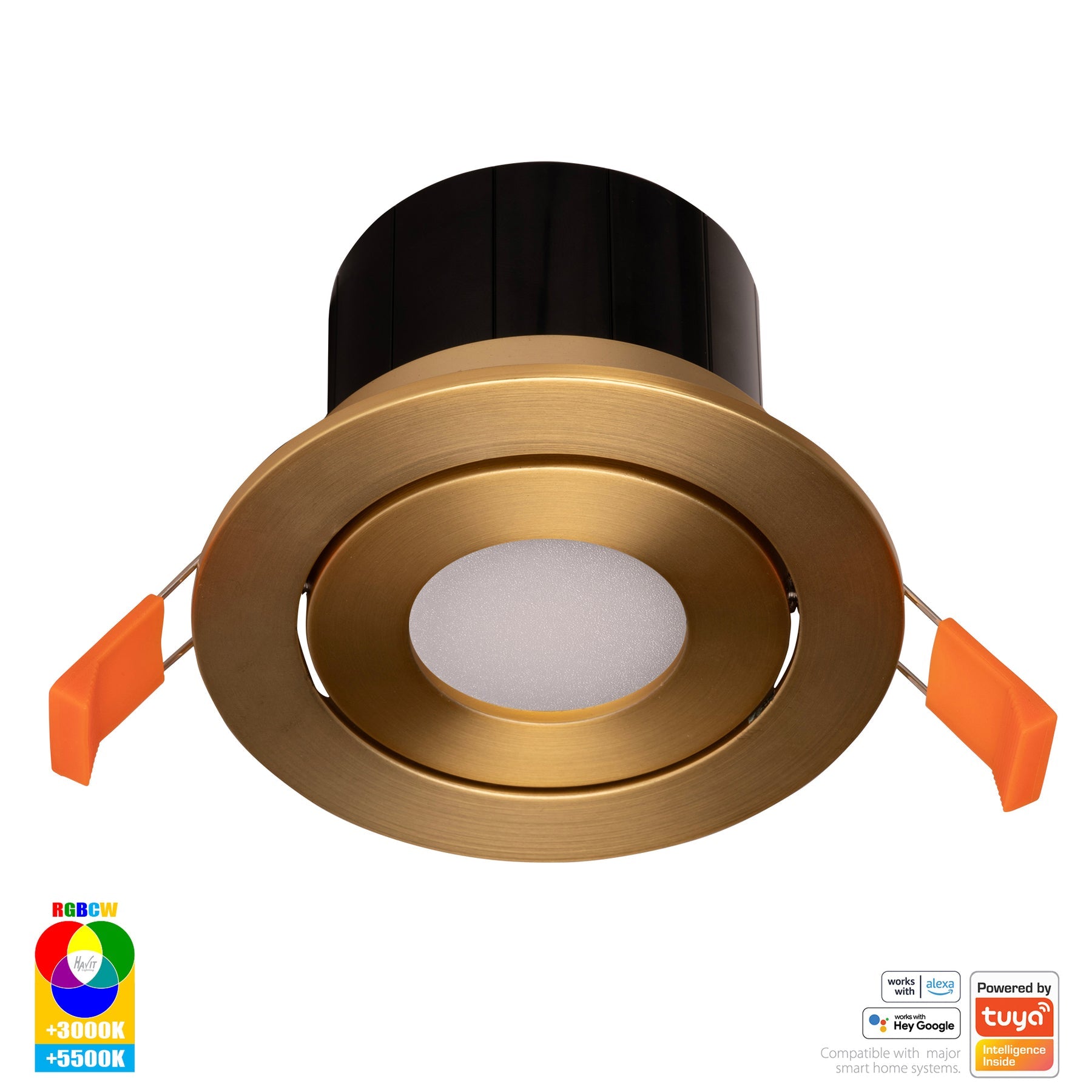 Prime Smart Aluminium Recessed LED Downlight 240V 12W Tilt RGBCW Brass - HV5512RGBCW-BR