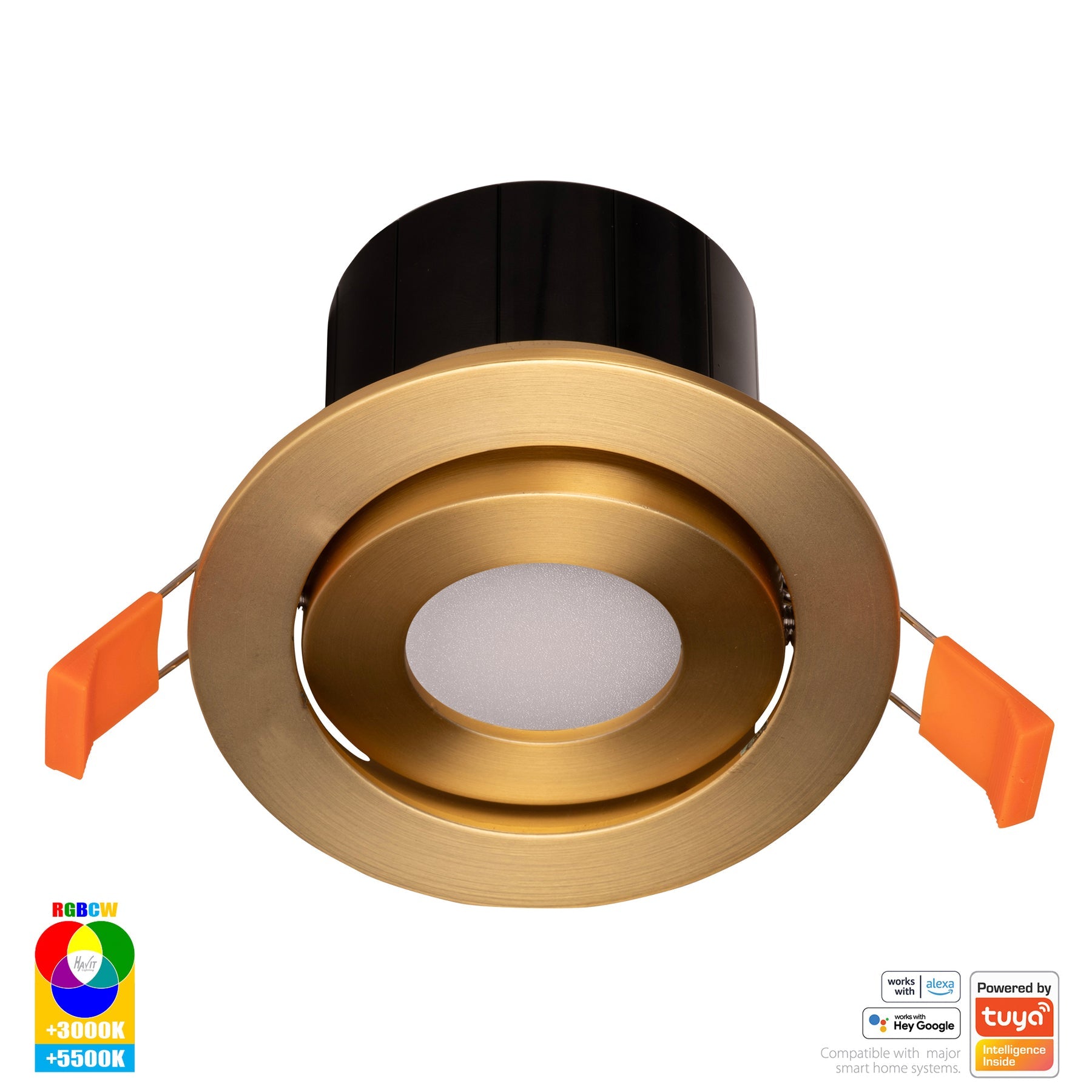 Prime Smart Aluminium Recessed LED Downlight 240V 12W Tilt RGBCW Brass - HV5512RGBCW-BR
