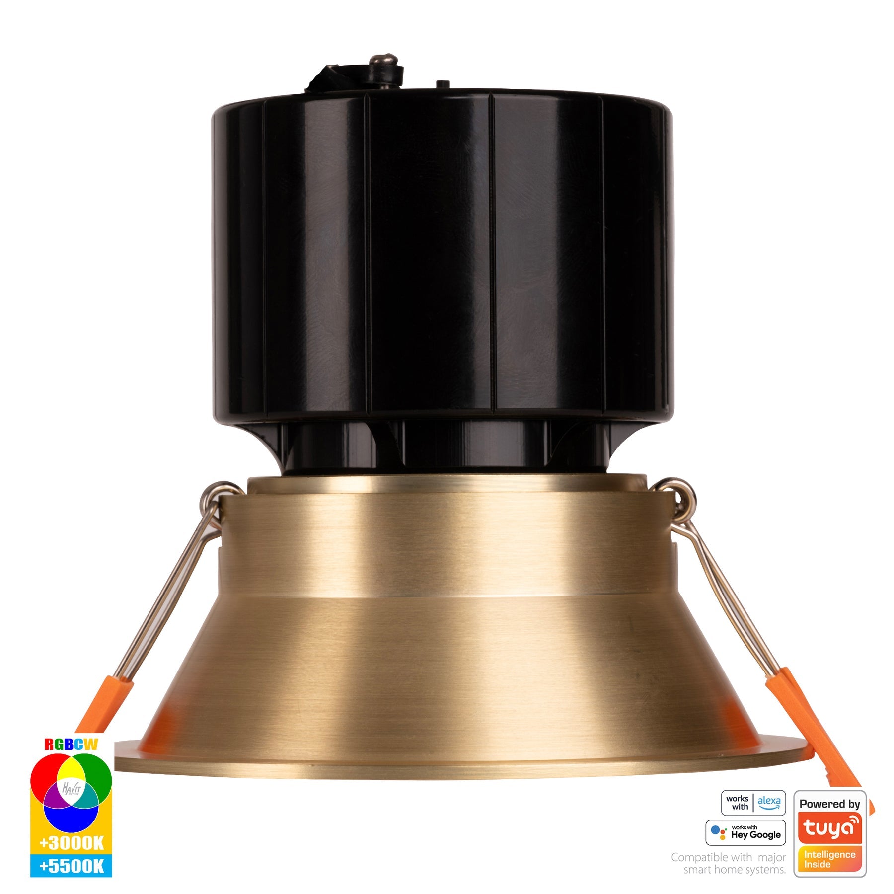 Prime Smart Aluminium 105mm Deep Recessed LED Downlight 240V 12W RGBCW Brass - HV5514RGBCW-BR