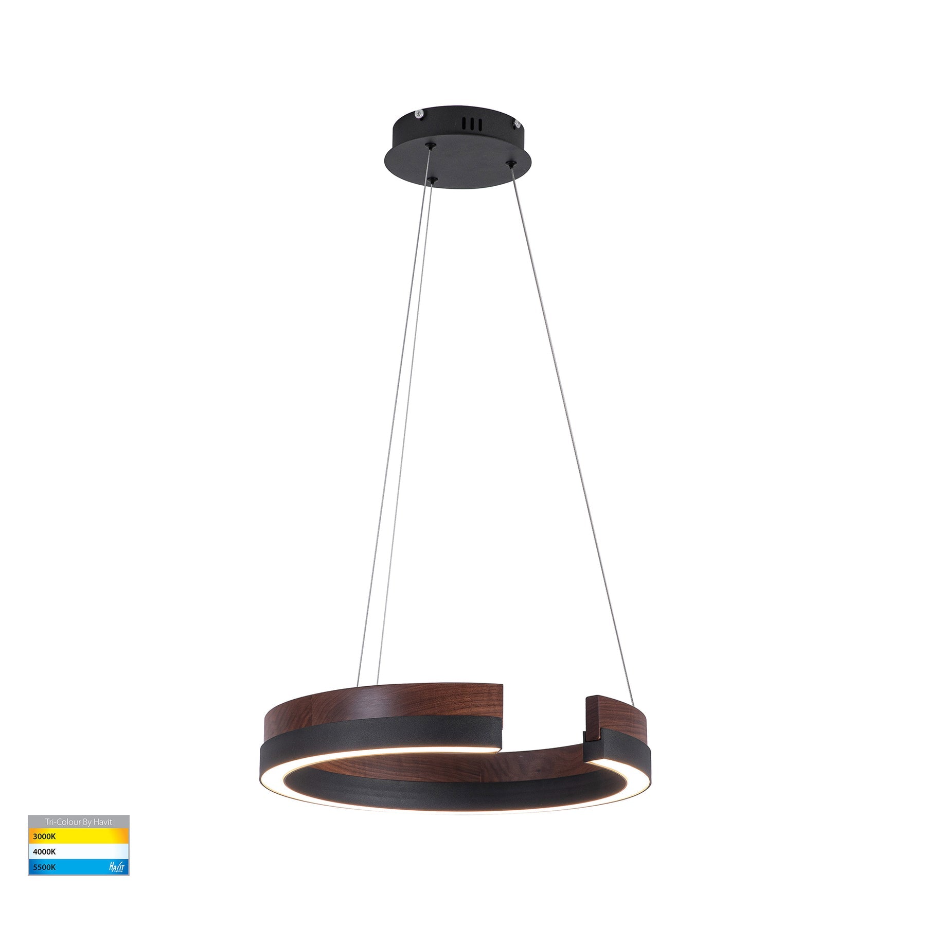 Orah 600mm Round LED Pendant Aluminium Black & Walnut 240V 40W TRI Colour - HV6092T