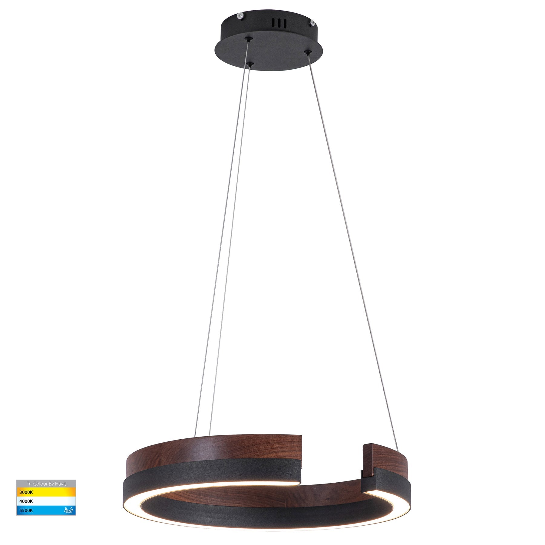 Orah 800mm Round LED Pendant Aluminium Black & Walnut 240V 60W TRI Colour - HV6094T