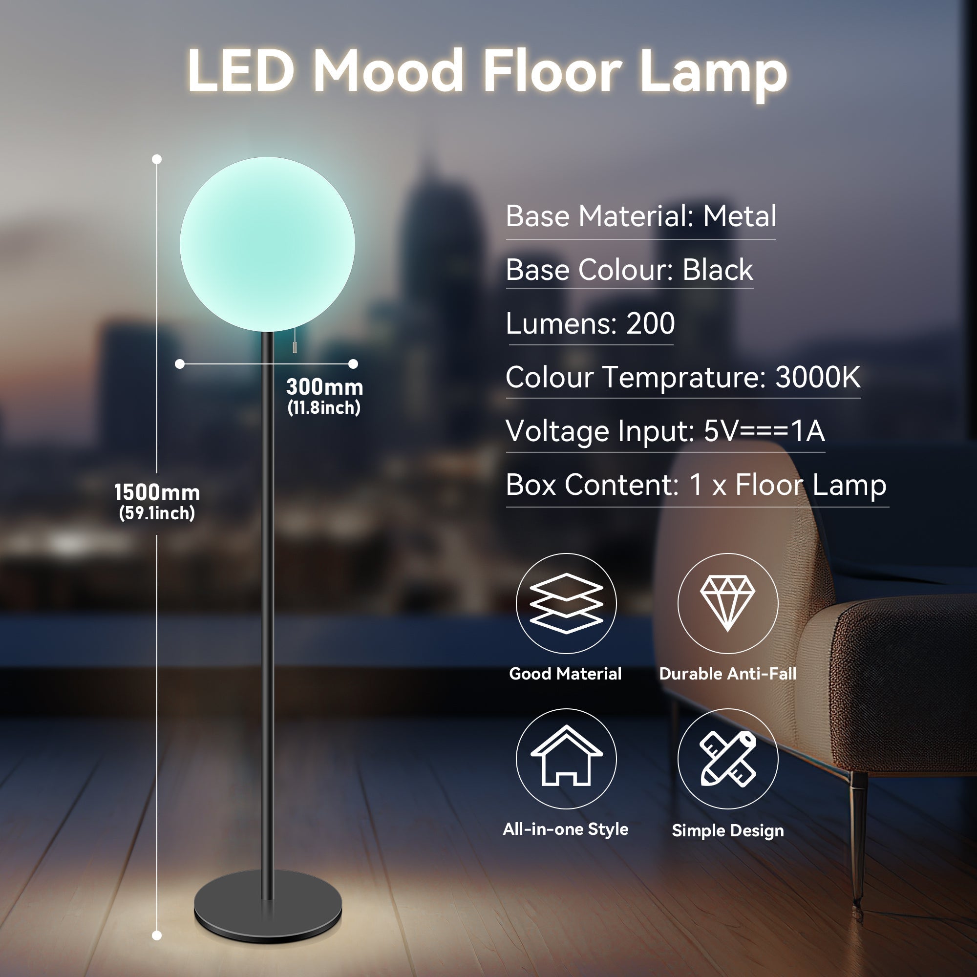 Buy Floor Lamps Australia Mood LED Floor Lamp 5V Battery White Metal 3000K / RGB - LL0517