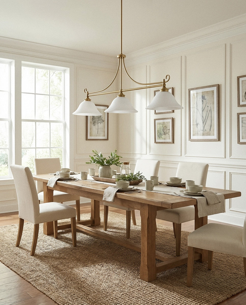 Dallas 3 Light Bench Pendant Light Satin Brass & Opal Matt - 1001675