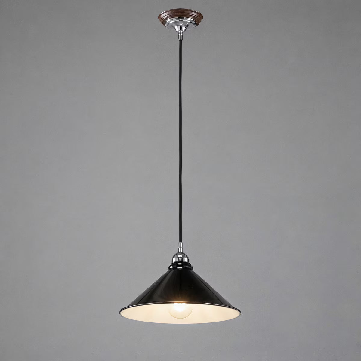 Edwardian 390mm Pendant Light on Cloth Cord Chrome & Black - 3090365