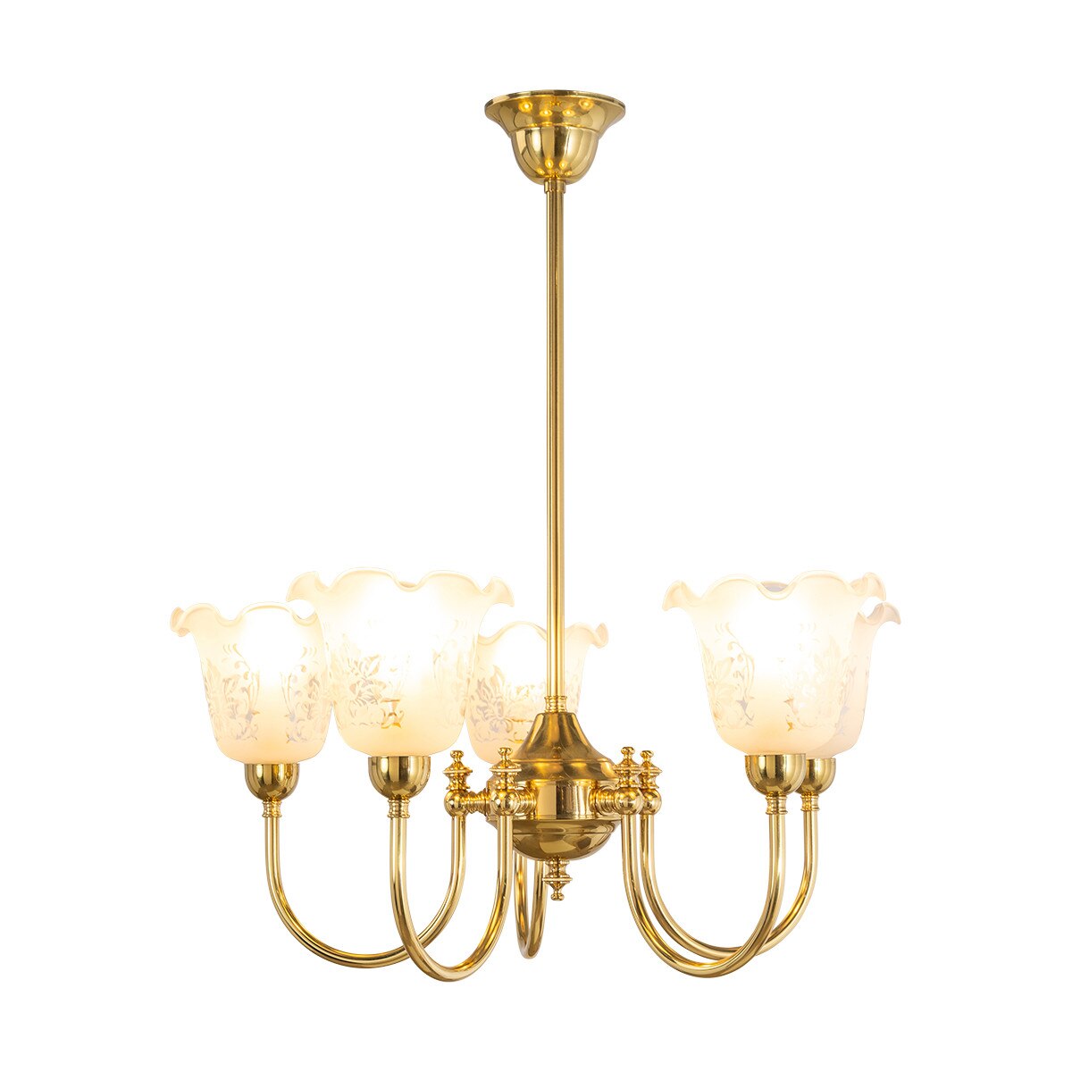 Luke 5 Light Pendant Light with Shades Arms Up Polished Brass & Frost Etched - 3090405