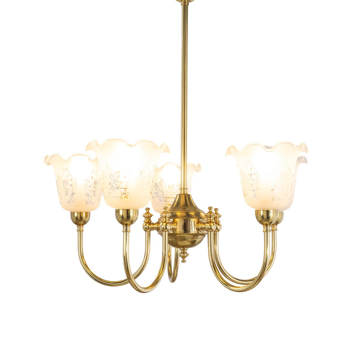 Luke 5 Light Pendant Light with Shades Arms Up Polished Brass & Frost Etched - 3090405