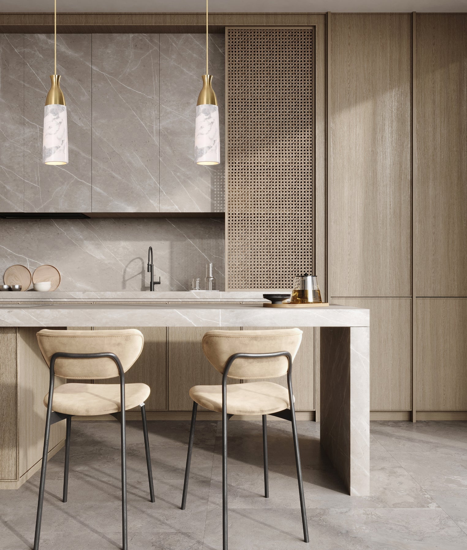 Marmol Interior Marble Cylinder Pendant Light White & Brass - MARMOL4