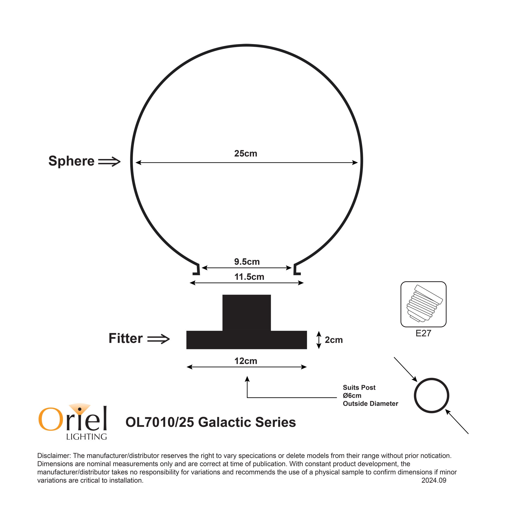 Galactic 250mm Opal Acrylic Post Top - OL7010/25OP