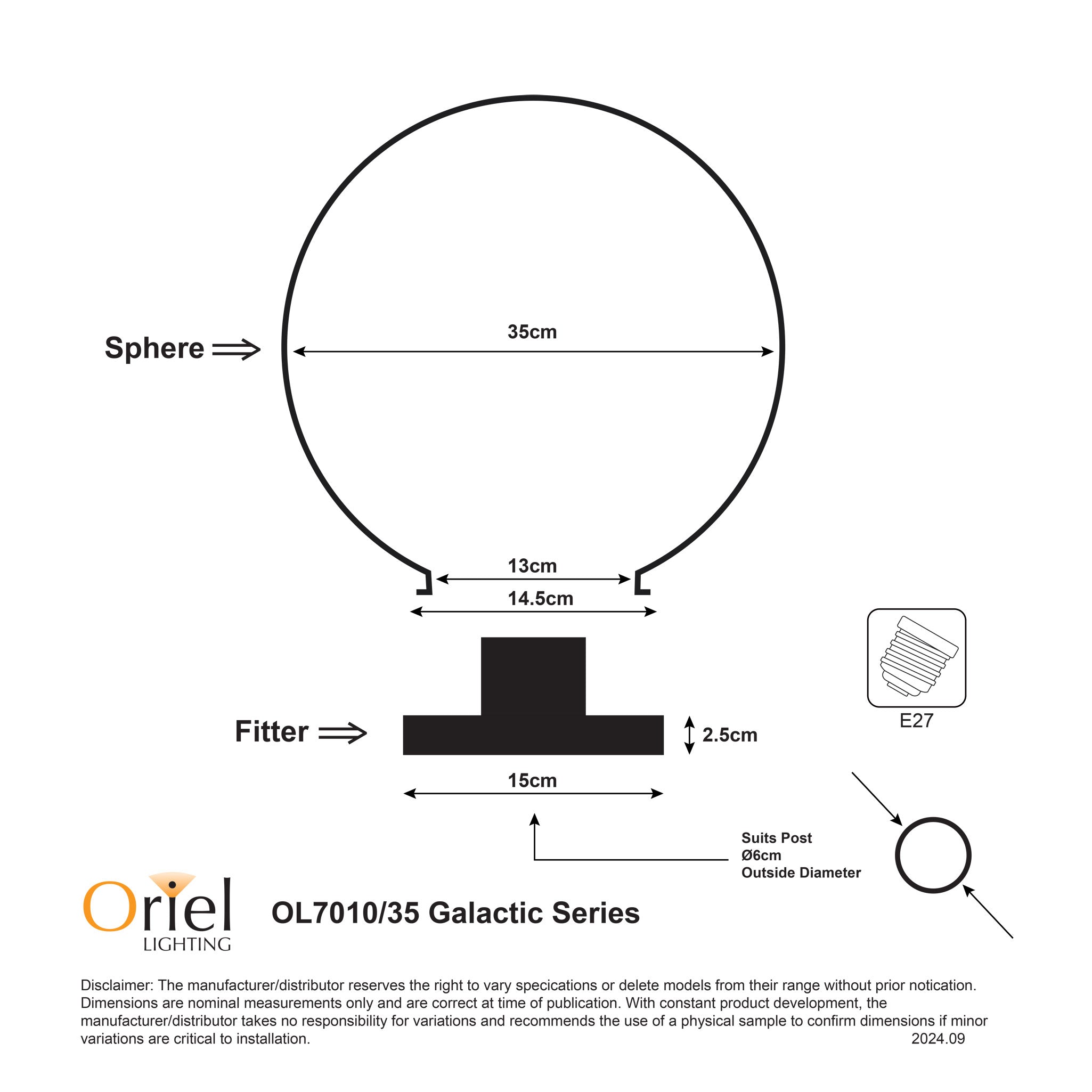 Galactic 350mm Opal Acrylic Post Top - OL7010/35OP