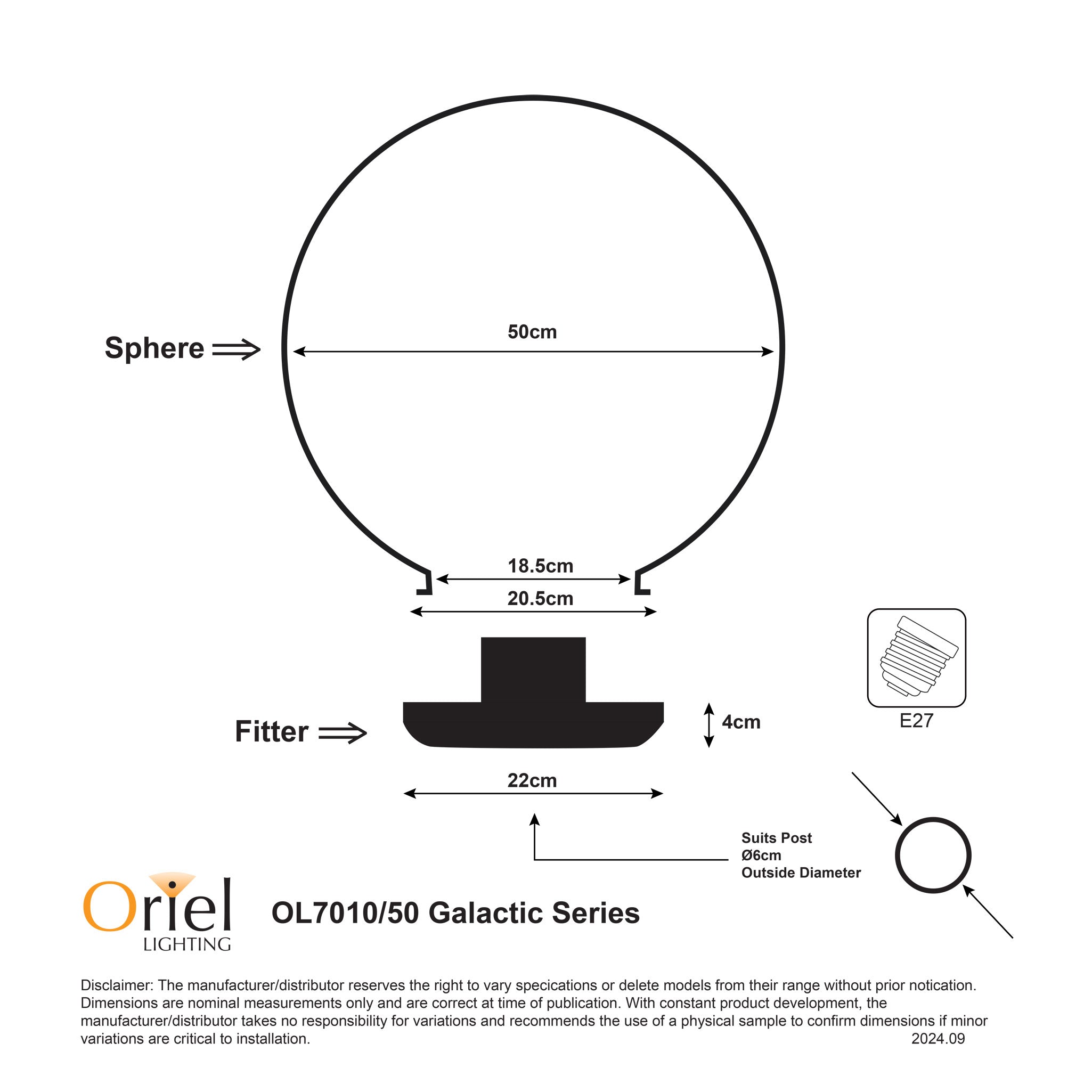 Galactic 500mm Opal Acrylic Post Top - OL7010/50OP