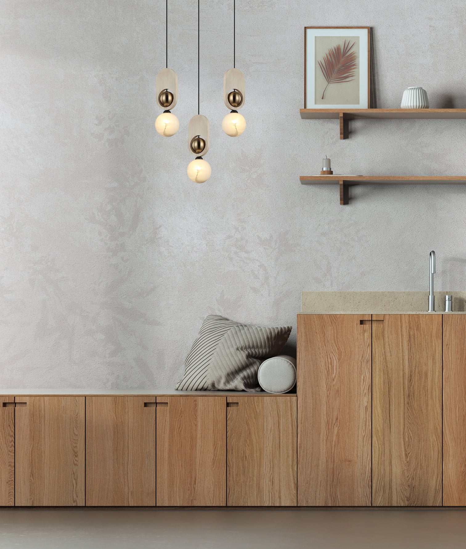 Patla Sandblasted Pendant Light Natural Wood & Brass - PALTA1