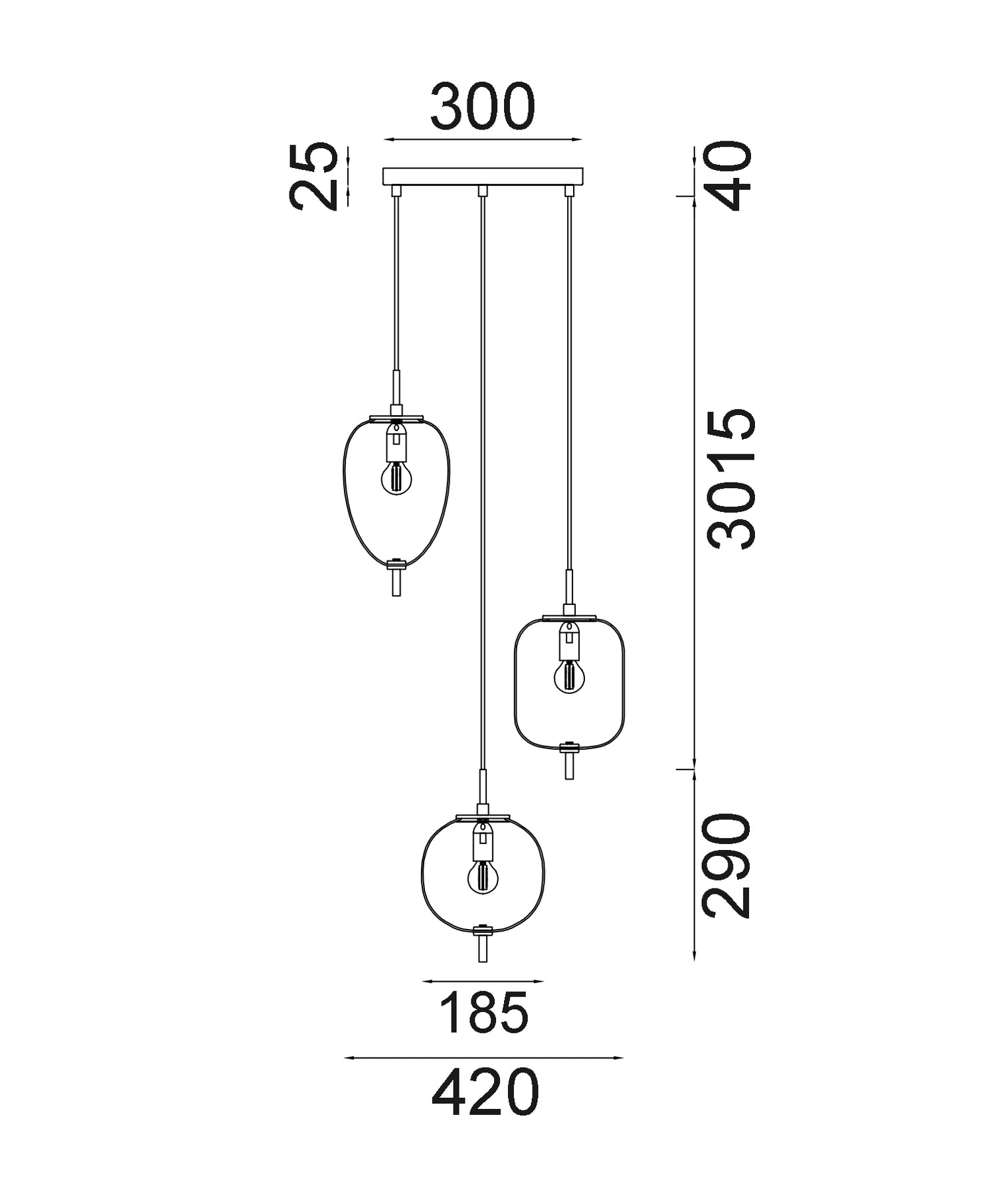 Pino 3 Light Pendant Iron & Glass Opal Matte - PINO4X3R