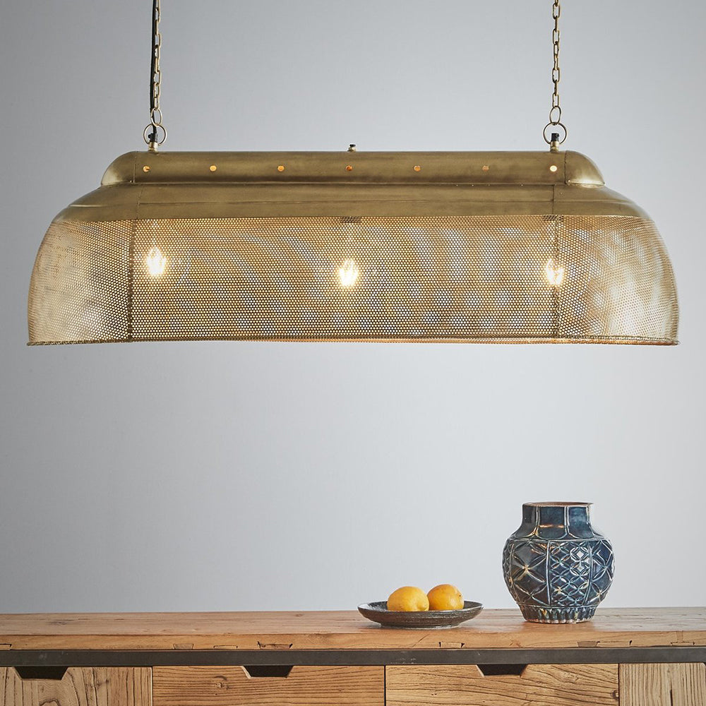 Buy Pendant Lights Australia Riva 3 Light Perforated Iron Elongated Long Pendant Antique Brass - ZAF10317