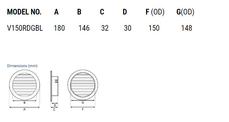 Buy Fan Accessories Australia Standard Round Fixed Louvre Grille 150mm Black - V150RDGBL