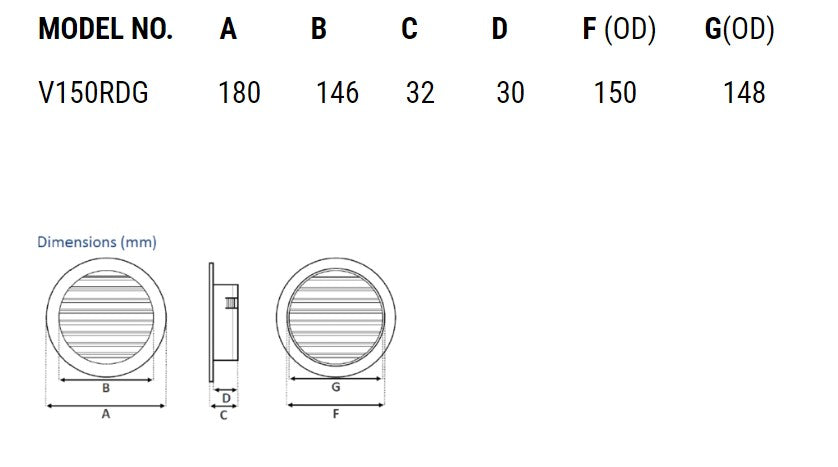 Buy Fan Accessories Australia Standard Round Fixed Louvre Grille 150mm White - V150RDG