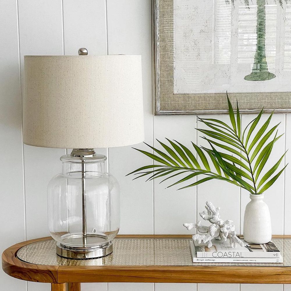 Regency Table Lamp Glass & Nickel Base With Natural Linen Shade - OWDU0114