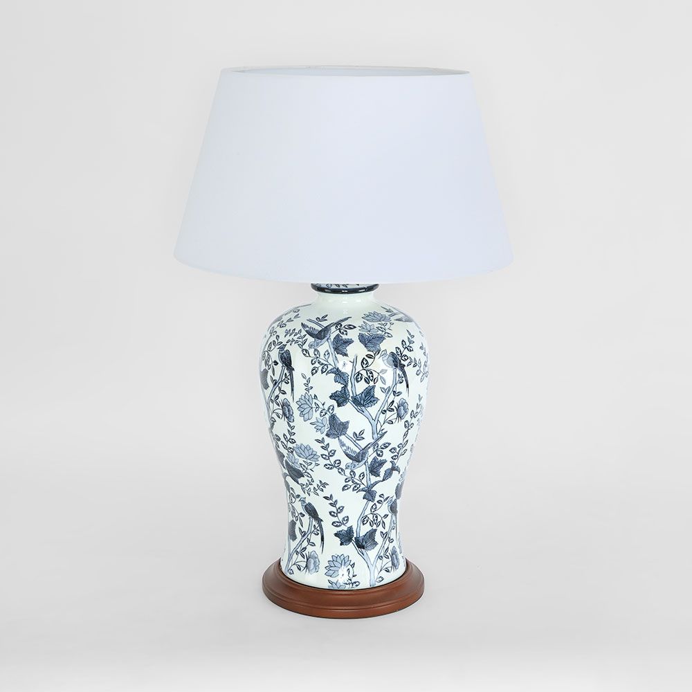 Ashleigh Glazed Floral Motif Ceramic and Wood Urn Table Lamp Base Only - Blue/White - ELJC11024