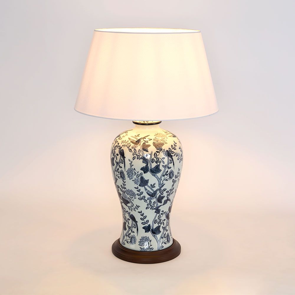 Ashleigh Glazed Floral Motif Ceramic and Wood Urn Table Lamp Base Only - Blue/White - ELJC11024