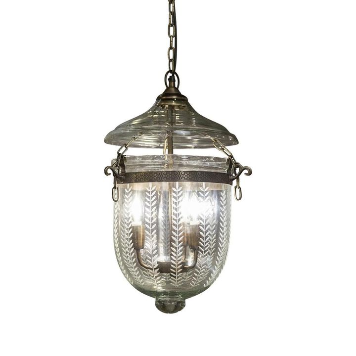 Bell Jar 3 Light Pendant Small Brass & Leaf Cut Glass - ELKH308