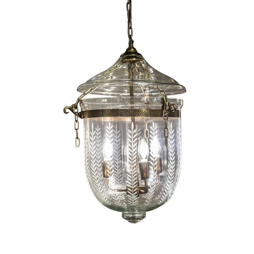 Bell Jar 3 Light Pendant Medium Brass & Leaf Cut Glass - ELKH307