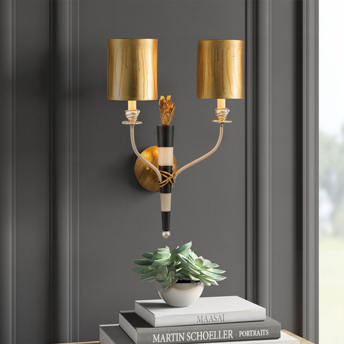 Flambeau 2 Light Wall Light Gold & Black - FB-FLAMBEAU2