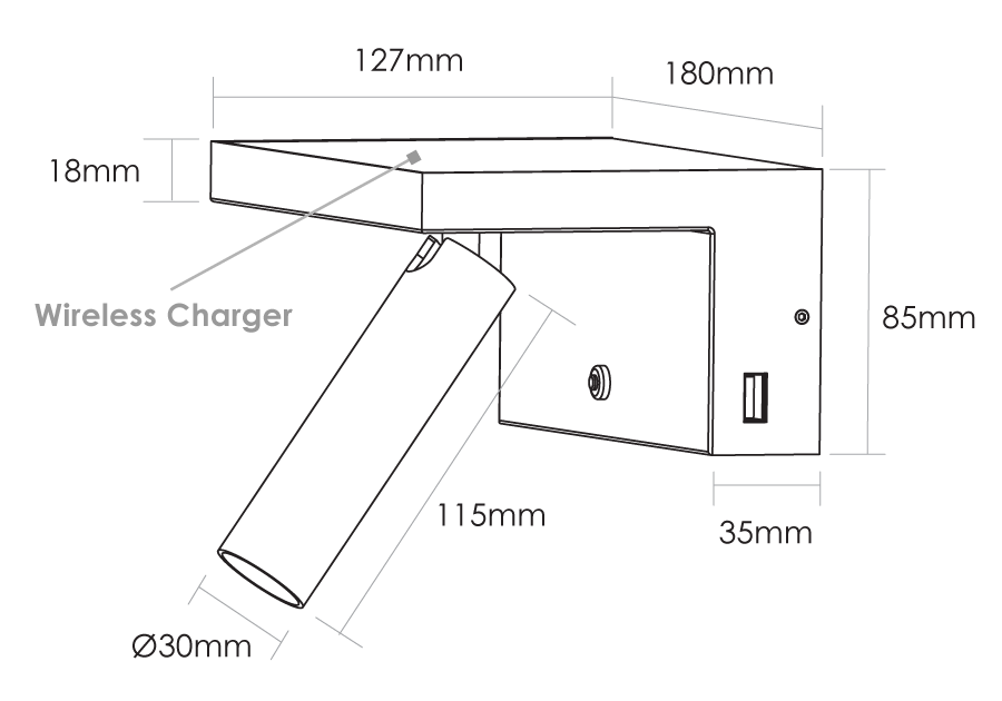 Hilton Spotlight with Wireless Charger & USB White  - SI A/HILTON/5W/WHITE