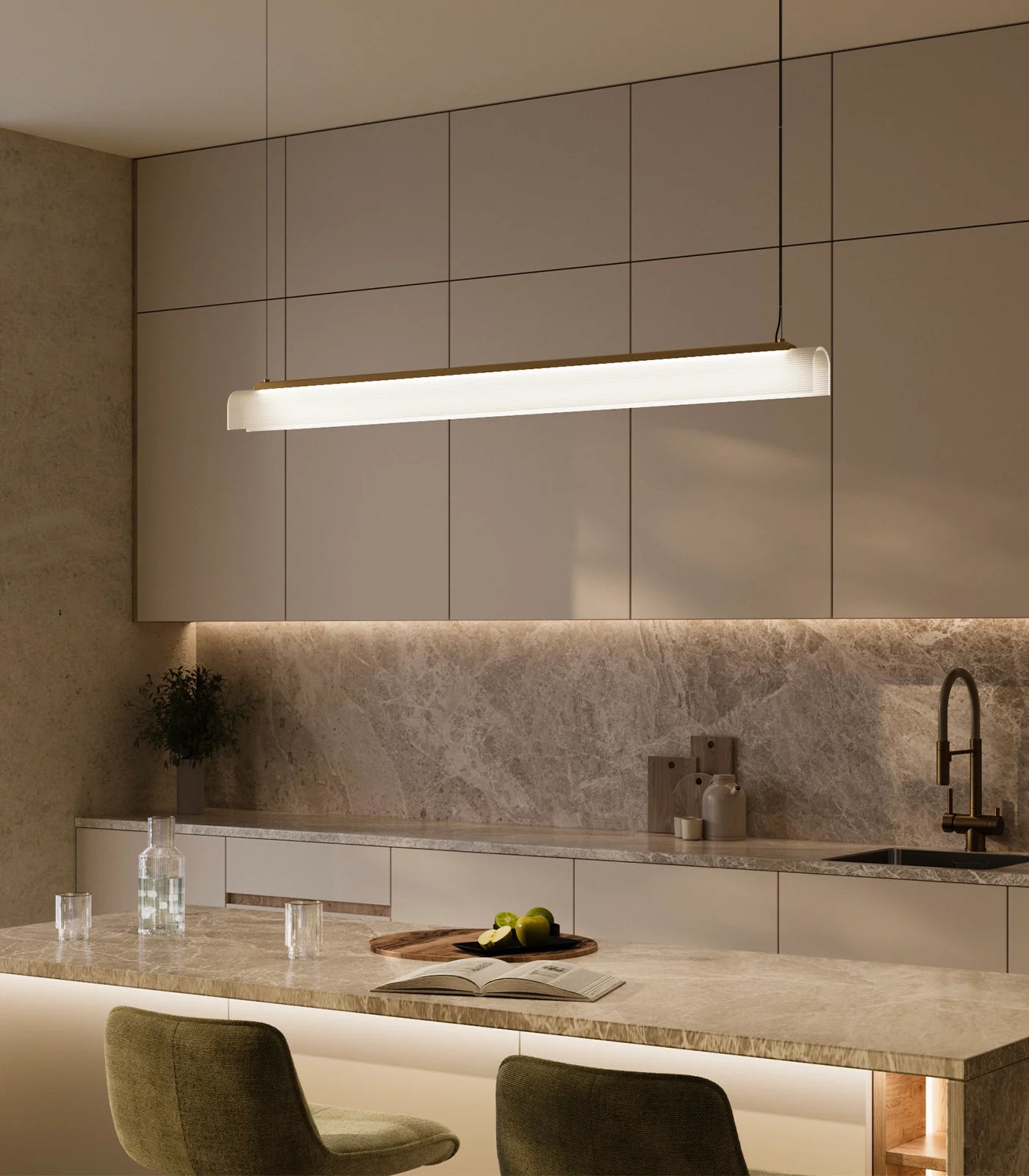 Edge Linear LED Pendant Light 25W 2700K Old Brass & Frosted Ribbed - LR.i02.75.120.OB + LR.A04.75.120.FR-RIB