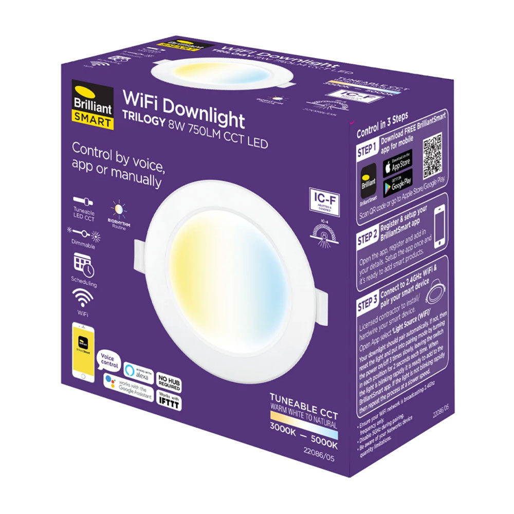 Buy Smart LED Downlights Australia TRILOGY Smart Wi-Fi LED Downlight W115mm White 8W 2 CCT - 22086/05