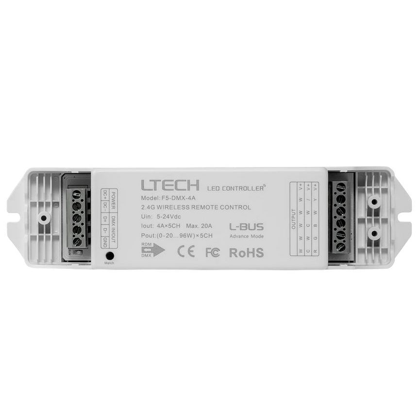 LED Strip Light RGBCW Controller 12V / 24V White Plastic - HV9103-F5-DMX-4A 